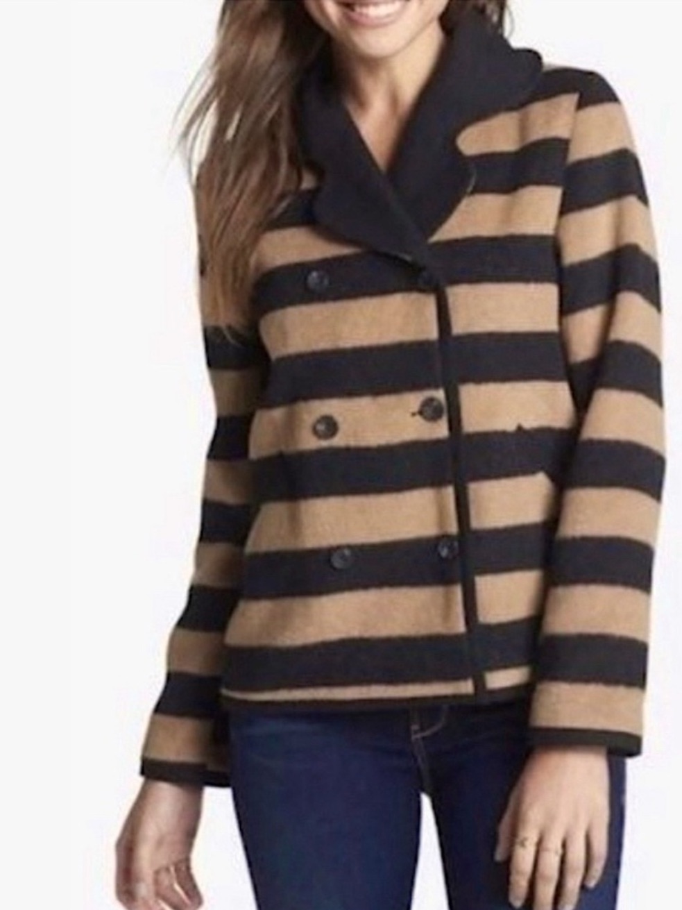 Anthropologie Tulle Women's Brown Striped Wool Double Breasted Peacoat Small